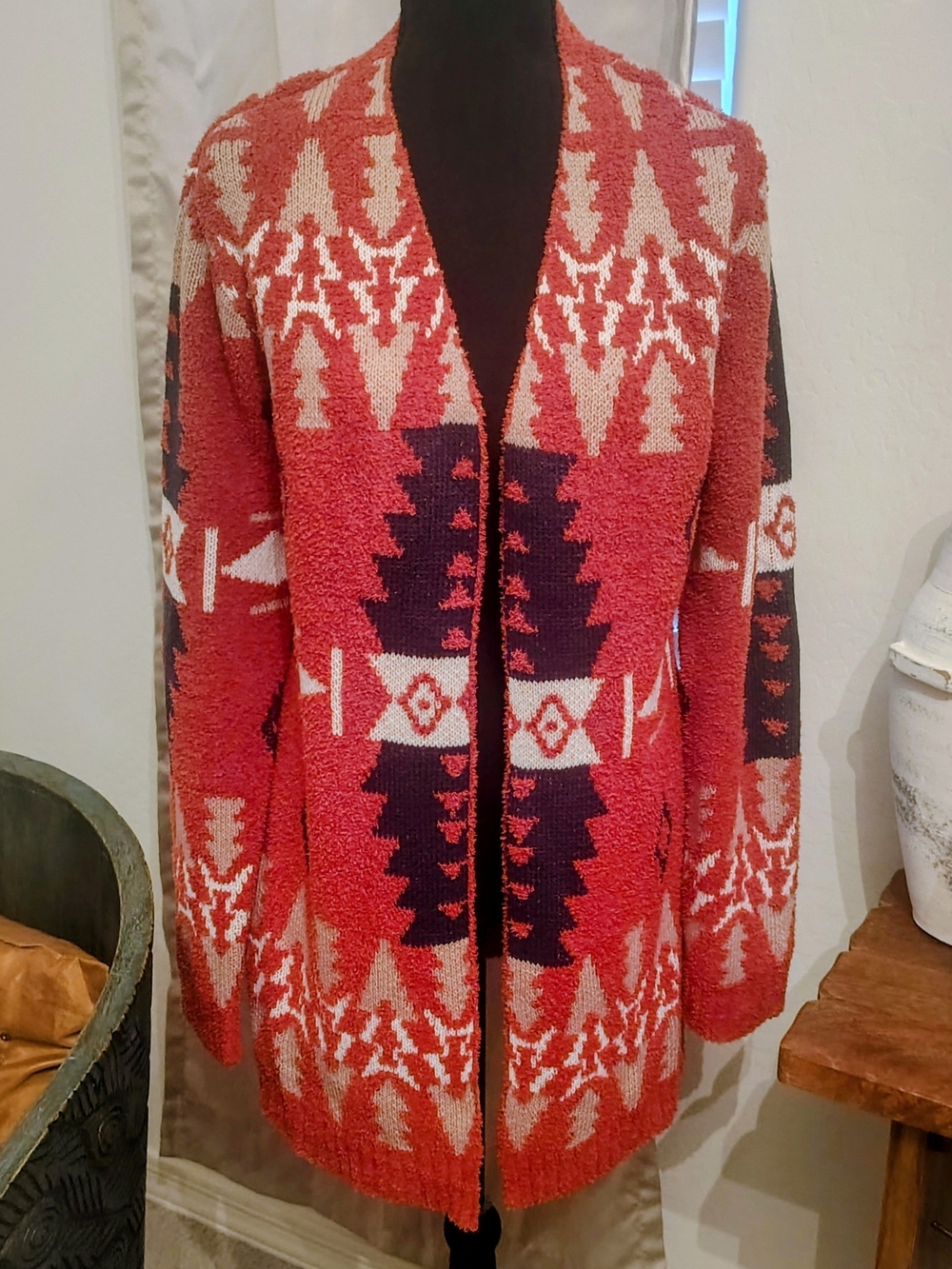 Cozy Tribal Open-Front Cardigan Sweater - Red & Cream